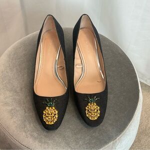 Zara Crystal rhinestone pineapple black denim round toe block heel shoes 39
